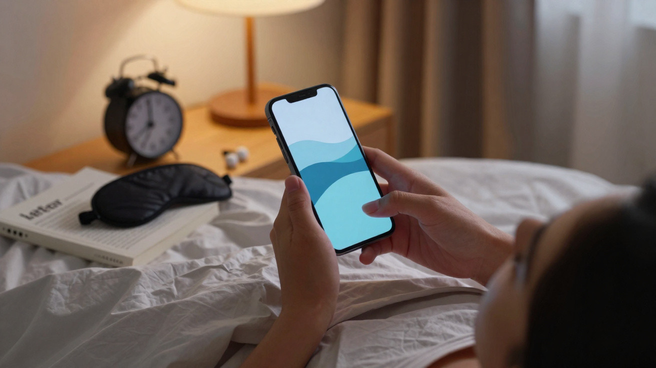 Pessoa deitada na cama segurando celular com tela azul, ao lado máscara de dormir, livro e despertador.