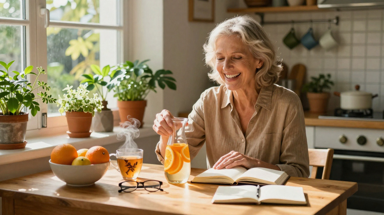 Mulher sorridente lendo livro na cozinha, com jarra de suco, chá quente e frutas na mesa iluminada pela luz natural.