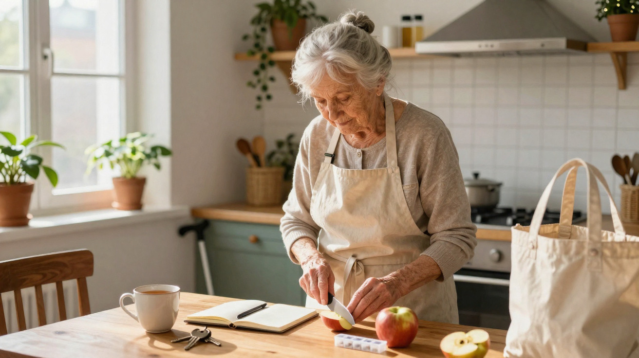 Idosa com avental corta fruta em cozinha iluminada, com xícara, caderno e bolsa na mesa.