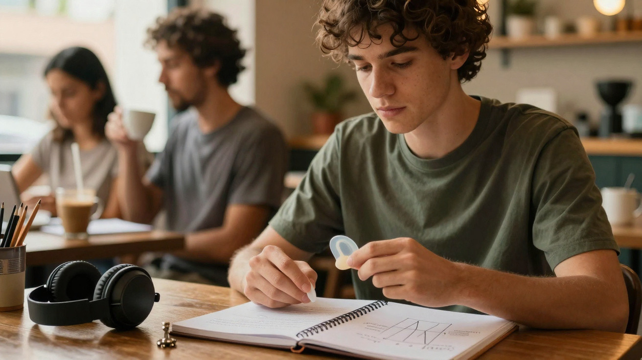 Jovem com camiseta verde distraído lendo caderno em mesa com fones e pessoas ao fundo.