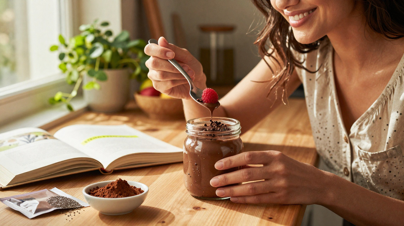 Mulher sorrindo comendo mousse de chocolate decorada com framboesa, livro aberto e ingredientes na mesa.