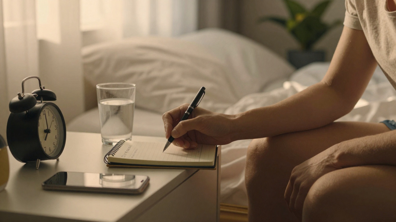 Pessoa escrevendo em um caderno ao lado de um copo de água, celular e relógio despertador sobre a mesa.