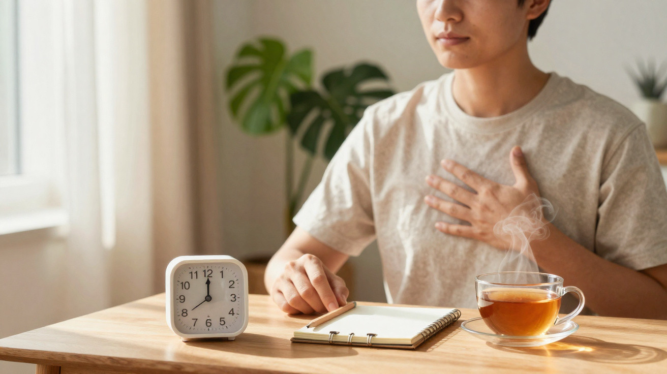 Pessoa sentada à mesa com xícara de chá, bloco de notas e relógio, segurando o peito com a mão.
