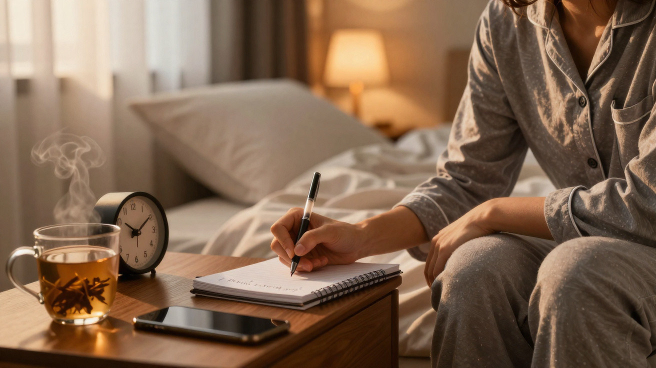 Pessoa de pijama escrevendo em caderno ao lado de relógio, celular e xícara de chá em quarto aconchegante.