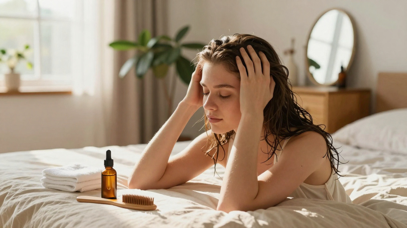 Mulher com cabelo molhado sentada na cama, com mãos na cabeça, ao lado de escova, toalhas e frasco âmbar.