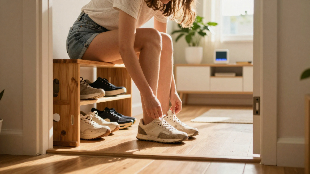Pessoa sentada amarrando tênis branco perto de um armário de sapatos em ambiente iluminado.
