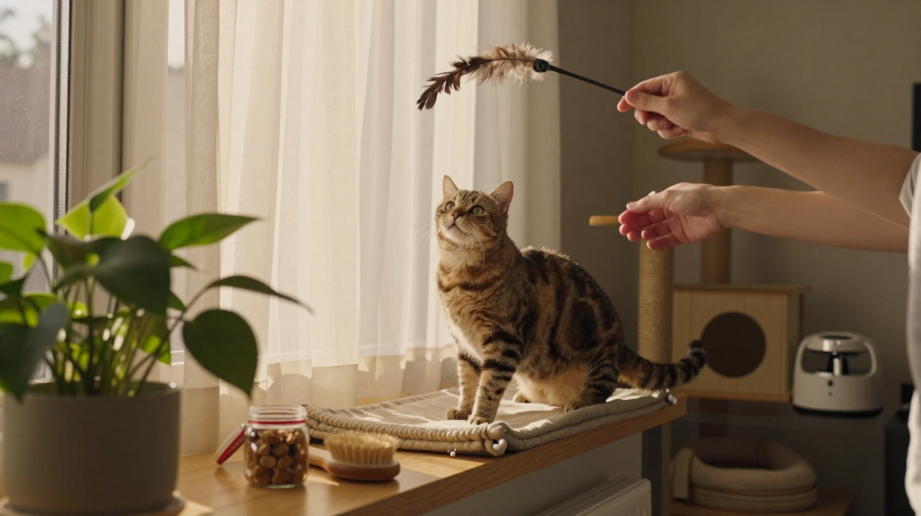 Gato marrom com listras brincando com pena enquanto está em prateleira perto da janela com cortina branca.