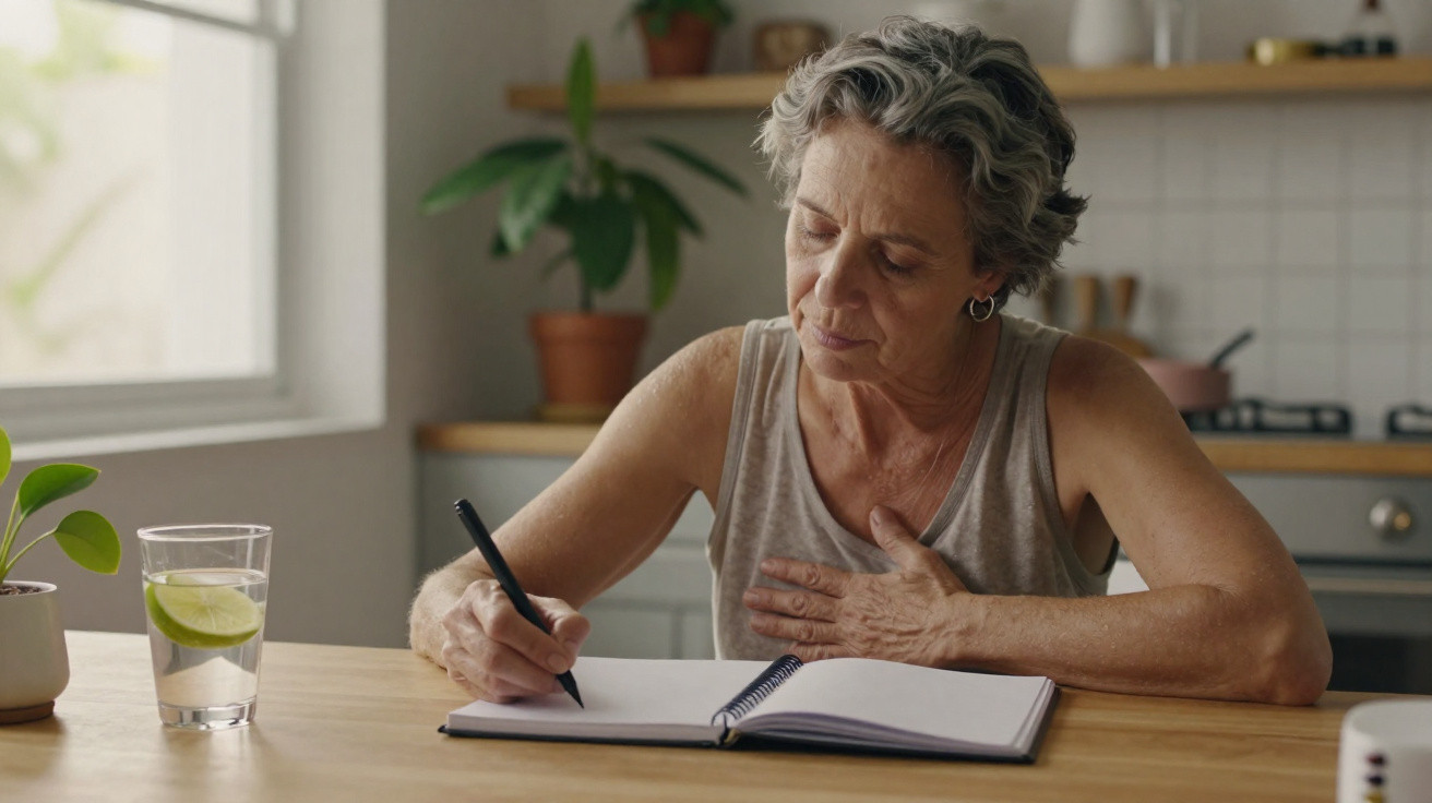 Mulher idosa escrevendo em caderno na cozinha, com vidro d'água e planta na mesa.