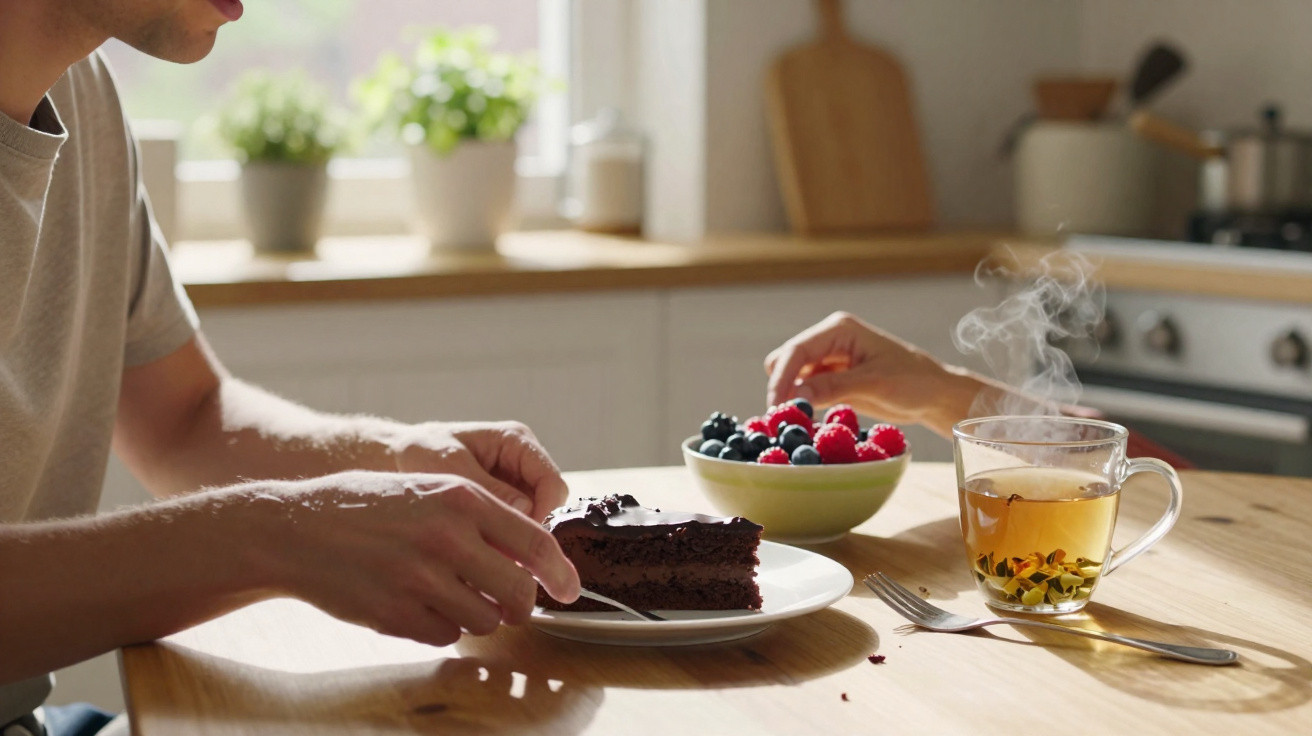 Pessoa segurando garfo com fatia de bolo de chocolate e outra pessoa pegando frutas vermelhas em tigela, xícara de chá quente