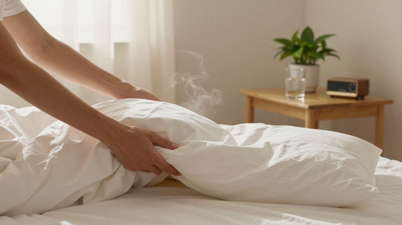 Pessoa ajeitando travesseiro branco em cama com vapor saindo, mesa com planta e copo ao fundo.