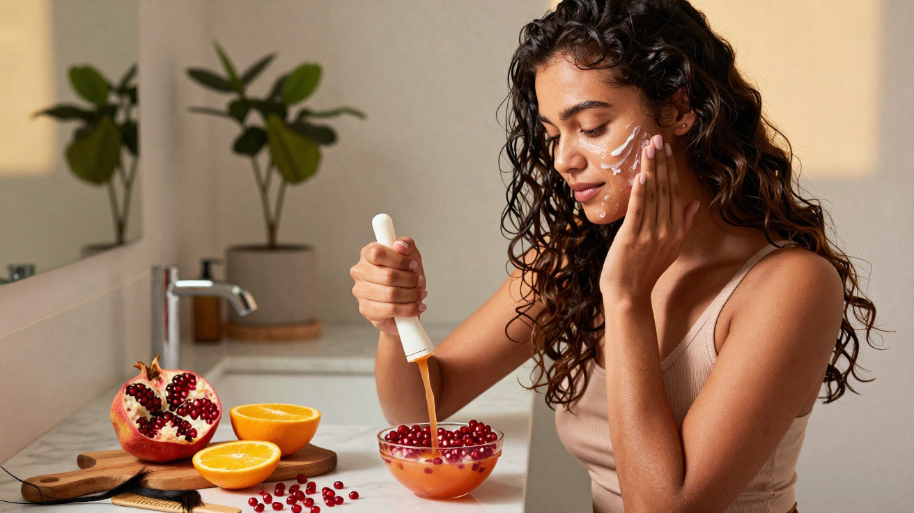Mulher aplicando creme facial com frutas e suco ao lado em bancada de banheiro iluminado.