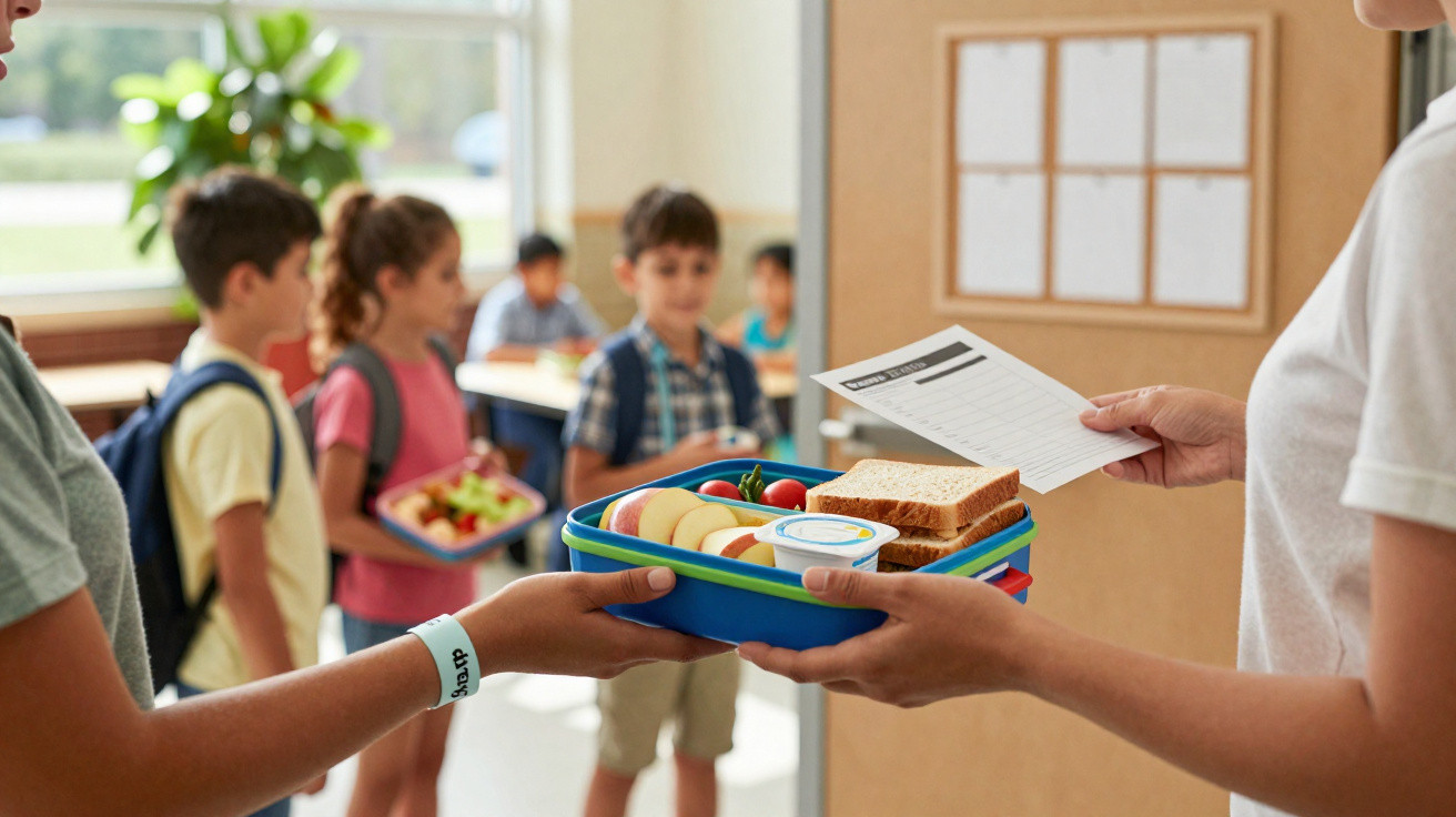 Crianças na fila recebendo lanche escolar em bandeja com sanduíche, frutas e iogurte.