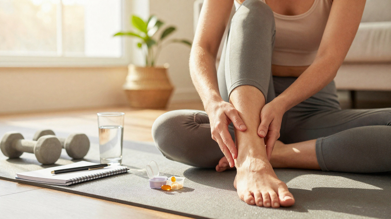 Mulher sentada no chão de yoga segurando o tornozelo, ao lado de halteres, copo d'água e medicamentos.
