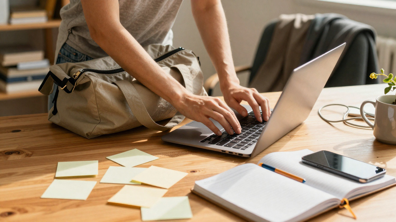 Pessoa digitando em laptop sobre mesa com bolsa, notas adesivas, caderno, caneta, celular e vaso de planta.