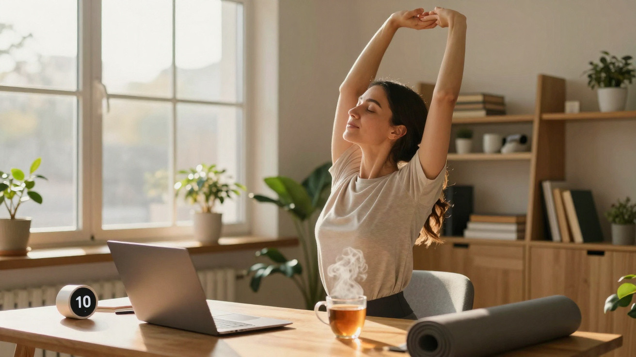 Mulher esticando os braços sentada à mesa com laptop, chá e tapete de yoga em ambiente iluminado.