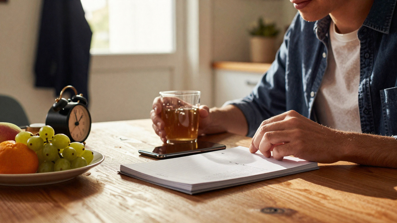 Pessoa segurando um copo com chá, lendo um caderno sobre mesa de madeira com frutas, celular e relógio.