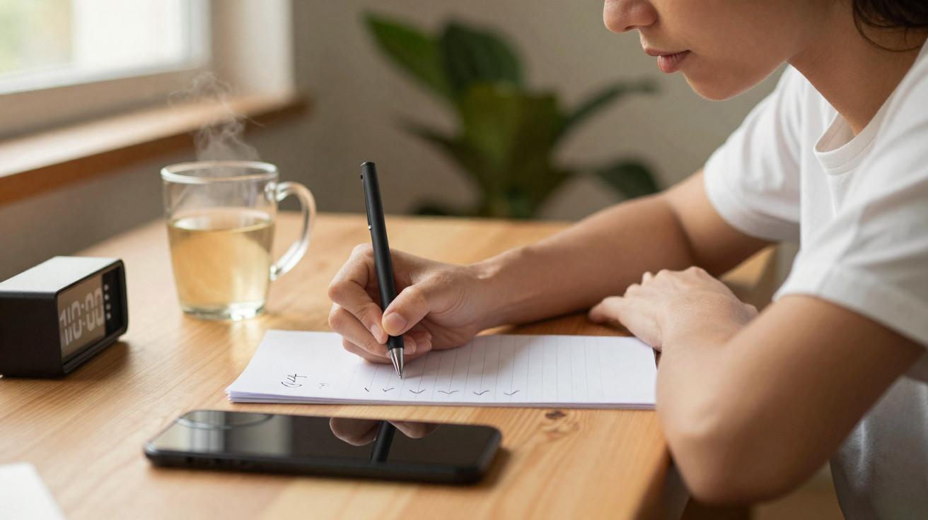 Pessoa escrevendo em caderno com caneta, ao lado de celular, copo de chá e relógio digital em mesa de madeira.