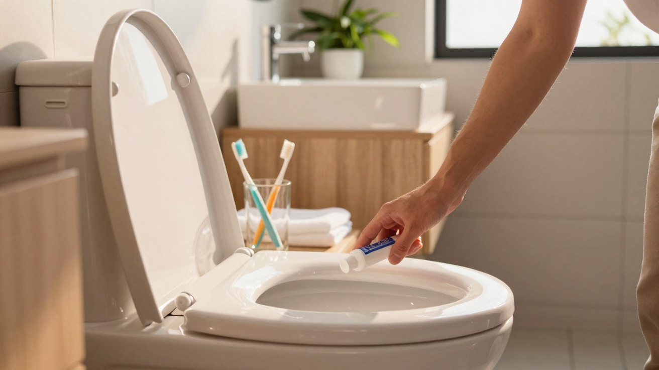 Pessoa aplicando produto de limpeza na borda interna de vaso sanitário branco em banheiro moderno.