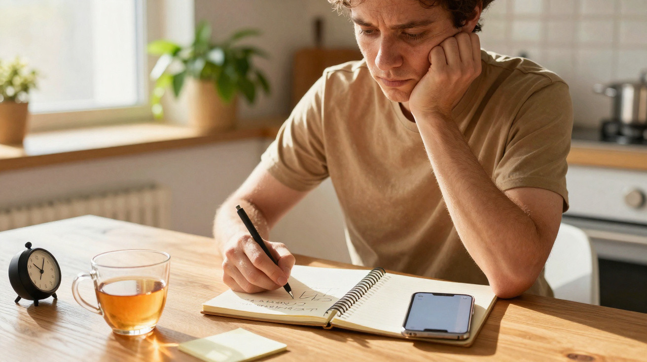 Jovem pensando e escrevendo em caderno com xícara, celular e relógio em mesa de cozinha iluminada.
